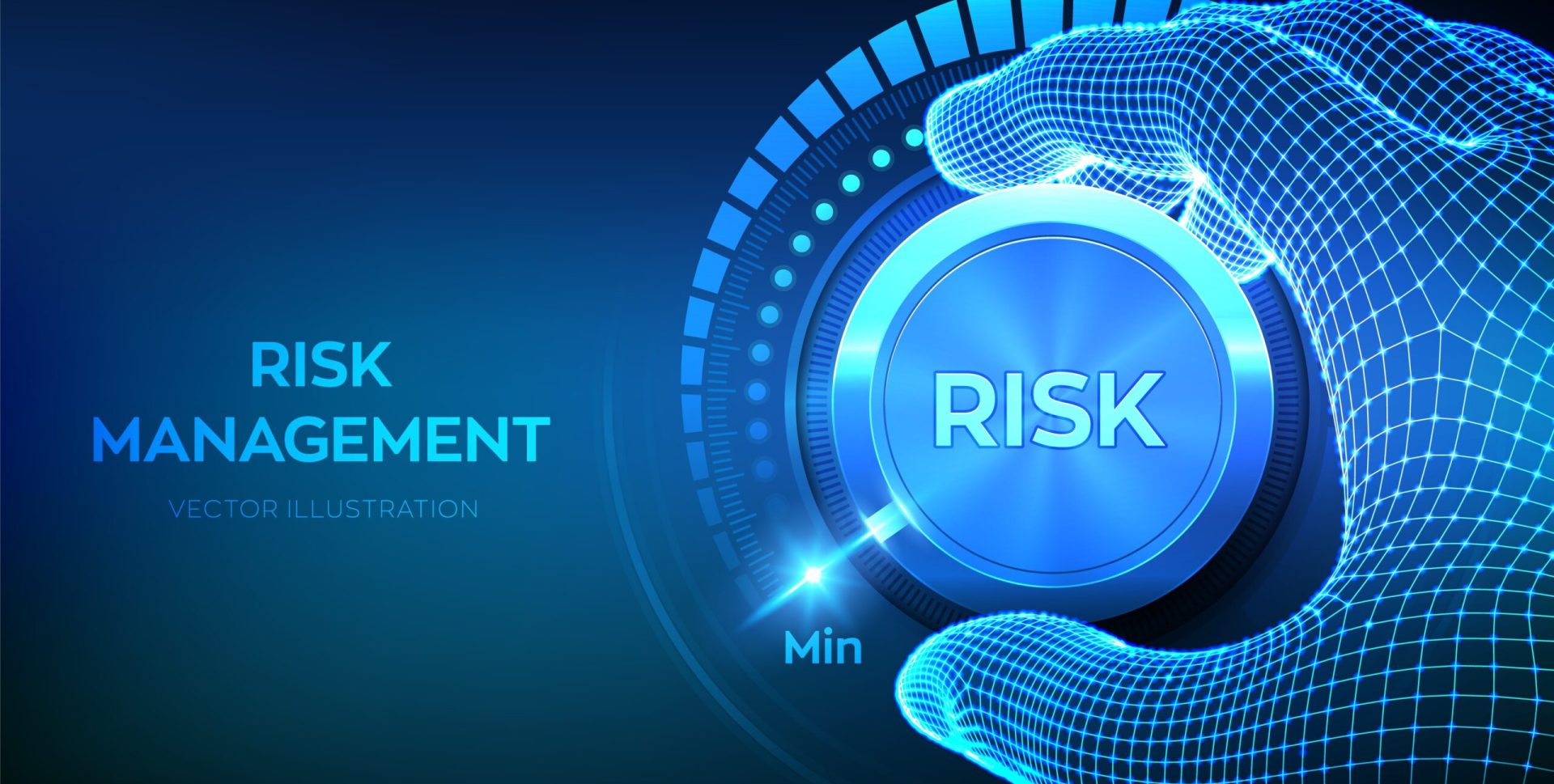 Risk levels knob button. Wireframe hand turning a risk level knob to the minimum position. Risk management business concept. Vector illustration