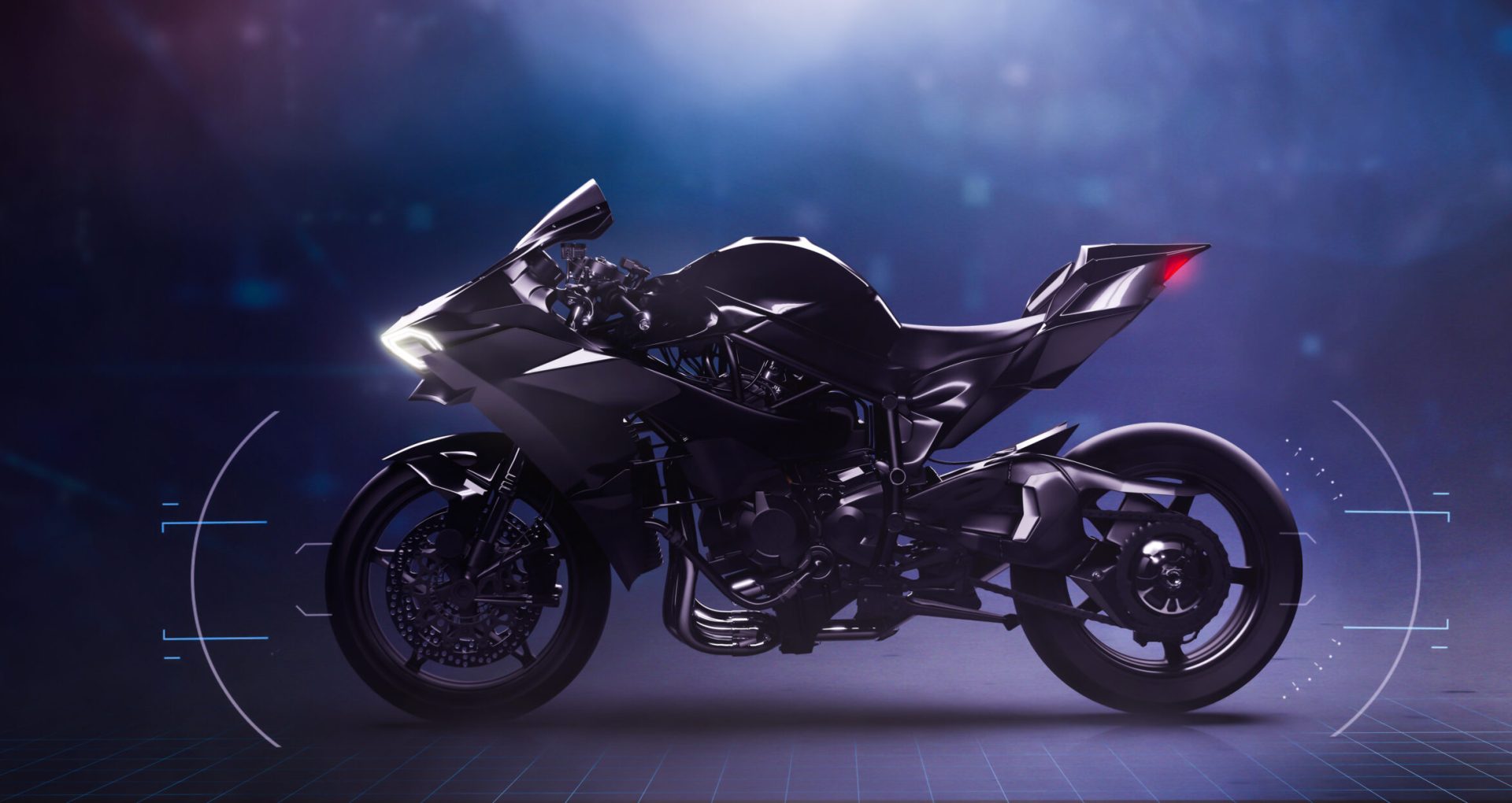 Modern sports motorcycle with technology UI and custom LED lights (3D Illustration)